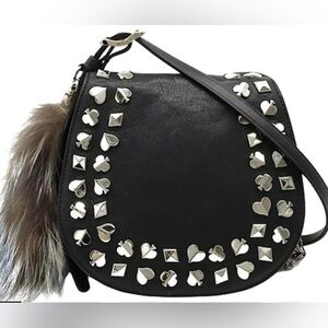 Jimmy Choo Black Leather Studded Crossbody with Foxtail Fur Charm